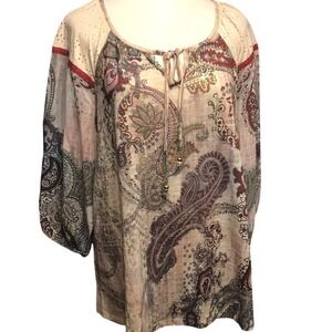 French Blue Woman Paisley Tunic Top 1X Boho Eyelet 3/4 Sleeve Multi